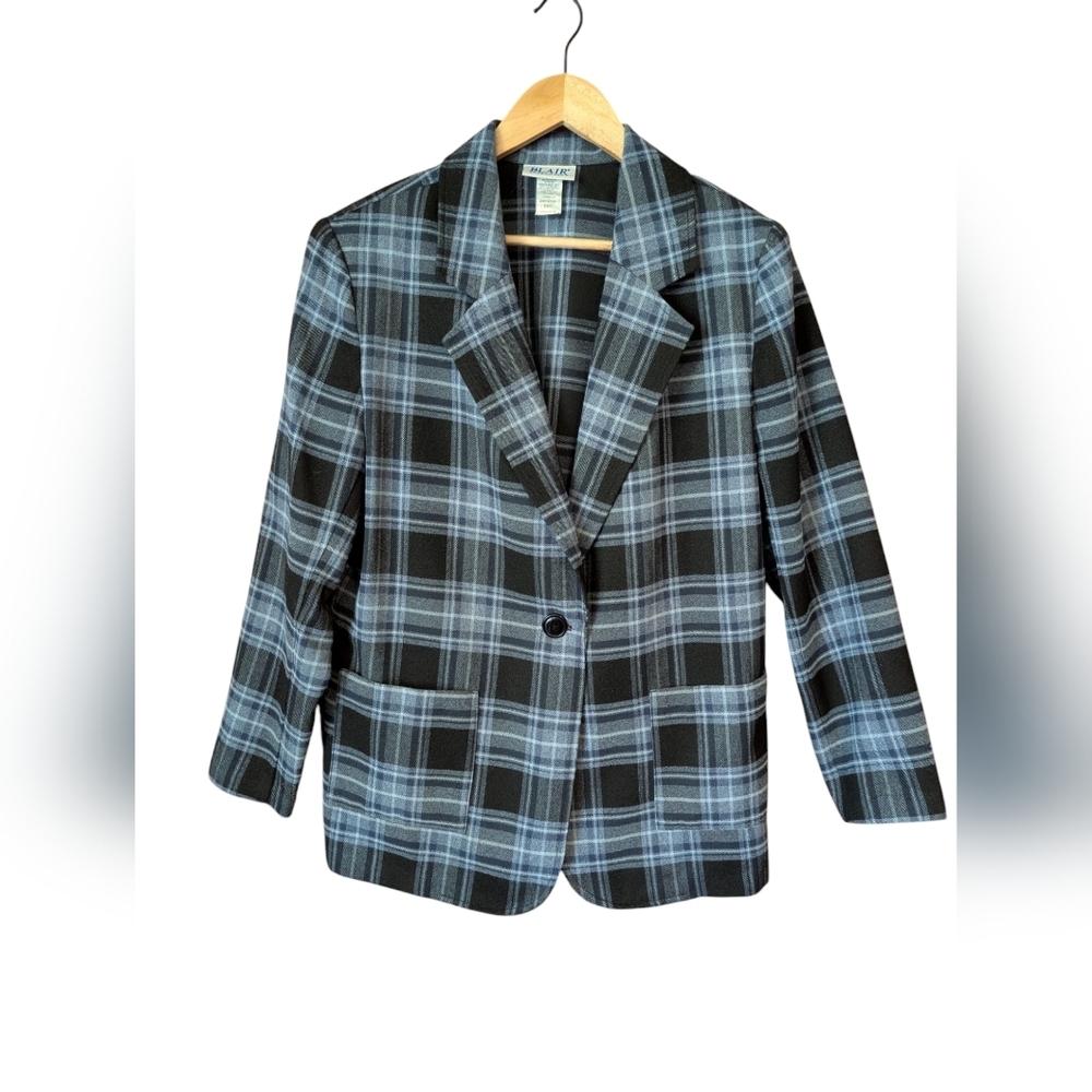 Vintage Blair Baby Blue Plaid Oversized Lightweight Blazer With Shoulder Pads